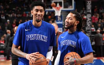 DETROIT, MI - DECEMBER 18: Christian Wood #35, and Derrick Rose #25 of the Detroit Pistons smile before the game against the Toronto Raptors on December 18, 2019 at Little Caesars Arena in Detroit, Michigan. NOTE TO USER: User expressly acknowledges and agrees that, by downloading and/or using this photograph, User is consenting to the terms and conditions of the Getty Images License Agreement. Mandatory Copyright Notice: Copyright 2019 NBAE (Photo by Chris Schwegler/NBAE via Getty Images)