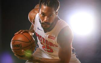 AUBURN HILLS, MICHIGAN - SEPTEMBER 30: Derrick Rose #25 of the Detroit Pistons poses for a portrait during the Detroit Pistons Media Day at Pistons Practice Facility on September 30, 2019 in Auburn Hills, Michigan. NOTE TO USER: User expressly acknowledges and agrees that, by downloading and/or using this photograph, user is consenting to the terms and conditions of the Getty Images License Agreement. (Photo by Gregory Shamus/Getty Images)