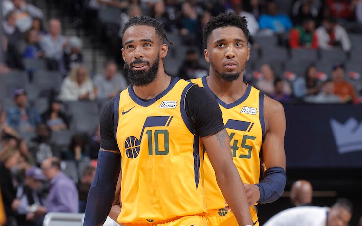 1180640999 SACRAMENTO, CA - NOVEMBER 1: Mike Conley #10 and Donovan Mitchell #45 of the Utah Jazz look on during the game against the Sacramento Kings on November 1, 2019 at Golden 1 Center in Sacramento, California. NOTE TO USER: User expressly acknowledges and agrees that, by downloading and or using this photograph, User is consenting to the terms and conditions of the Getty Images Agreement. Mandatory Copyright Notice: Copyright 2019 NBAE (Photo by Rocky Widner/NBAE via Getty Images)