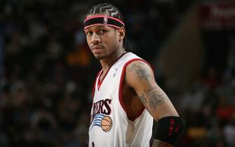 PHILADELPHIA - JANUARY 9:  Allen Iverson #3 of the Philadelphia 76ers stands on the court during a game against the New Jersey Nets at Wachovia Center on January 9, 2004 in Philadelphia, Pennsylvania.  The 76ers won 97-81.  NOTE TO USER: User expressly acknowledges and agrees that, by downloading and/or using this Photograph, User is consenting to the terms and conditions of the Getty Images License Agreement (Photo by Jesse D. Garrabrant/NBAE via Getty Images) 