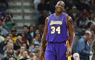 MILWAUKEE - NOVEMBER 4:  Shaquille O'Neal #34 of the Los Angeles Lakers smiles during the game against the Milwaukee Bucks at Bradley Center on November 4, 2003 in Milwaukee, Wisconsin.  The Lakers won 113-107.  NOTE TO USER: User expressly acknowledges and agrees that, by downloading and/or using this Photograph, User is consenting to the terms and conditions of the Getty Images License Agreement.(Photo by: Gary Dineen/Getty Images)