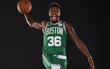 CANTON, MA - SEPTEMBER 24: Marcus Smart #36 of the Boston Celtics poses for a portrait at media day on September 24, 2018 at the High Output Studios in Canton, Massachusetts. NOTE TO USER: User expressly acknowledges and agrees that, by downloading and or using this photograph, User is consenting to the terms and conditions of the Getty Images License Agreement. Mandatory Copyright Notice: Copyright 2018 NBAE (Photo by Brian Babineau/NBAE via Getty Images)