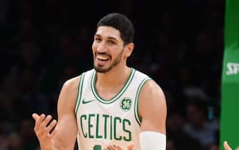 BOSTON, MA - OCTOBER 13: Enes Kanter #11 of the Boston Celtics reacts after a foul call in the third quarter against the Cleveland Cavaliers at TD Garden on October 13, 2019 in Boston, Massachusetts. NOTE TO USER: User expressly acknowledges and agrees that, by downloading and or using this photograph, User is consenting to the terms and conditions of the Getty Images License Agreement. (Photo by Kathryn Riley/Getty Images)