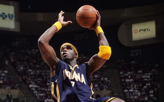 EAST RUTHERFORD, NJ - APRIL 23:  Jermaine O'Neal #7 of the Indiana Pacers goes to the basket against the New Jersey Nets in game one of the Eastern Conference Quarterfinals during the 2006 NBA Playoffs at the Continental Airlines Arena on April 23, 2006 in East Rutherford, New Jersey. The Pacers won 90-88. NOTE TO USER: User expressly acknowledges and agrees that, by downloading and or using this photograph, User is consenting to the terms and conditions of the Getty Images License Agreement. Mandatory Copyright Notice: Copyright 2006 NBAE (Photo by Jesse D. Garrabrant/NBAE via Getty Images)  *** Local Caption *** Jermaine O'Neal