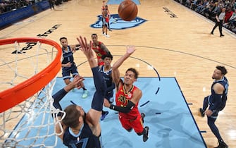 1207608697 MEMPHIS, TN - MARCH 7: Trae Young #11 of the Atlanta Hawks shoots the ball during the game against the Memphis Grizzlies on March 7, 2020 at FedExForum in Memphis, Tennessee. NOTE TO USER: User expressly acknowledges and agrees that, by downloading and or using this photograph, User is consenting to the terms and conditions of the Getty Images License Agreement. Mandatory Copyright Notice: Copyright 2020 NBAE (Photo by Joe Murphy/NBAE via Getty Images)