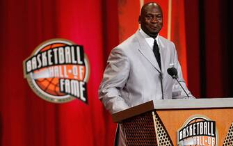 SPRINGFIELD, MA - SEPTEMBER 11: Michael Jordan is inducted into the Naismith Memorial Basketball Hall of Fame during a ceremony on September 11, 2009 in Springfield, Massachusetts. NOTE TO USER: User expressly acknowledges and agrees that, by downloading and or using this Photograph, user is consenting to the terms and conditions of the Getty Images License Agreement.(Photo by Jim Rogash/Getty Images)