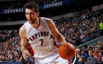 DALLAS, TX - DECEMBER 30: Andrea Bargnani #7 of the Toronto Raptors drives against the Dallas Mavericks on December 30, 2011 at the American Airlines Center in Dallas, Texas. NOTE TO USER: User expressly acknowledges and agrees that, by downloading and or using this photograph, User is consenting to the terms and conditions of the Getty Images License Agreement. Mandatory Copyright Notice: Copyright 2011 NBAE (Photo by Glenn James/NBAE via Getty Images)