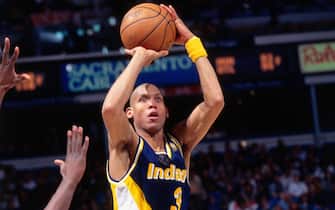 SACRAMENTO, CA - JANAURY 14: Reggie Miller #31 of the Indiana Pacers shoots against the Sacramento Kings on January 14, 1997 at Arco Arena in Sacramento, California. NOTE TO USER: User expressly acknowledges and agrees that, by downloading and or using this photograph, User is consenting to the terms and conditions of the Getty Images License Agreement. Mandatory Copyright Notice: Copyright 1997 NBAE (Photo by Rocky Widner/NBAE via Getty Images)