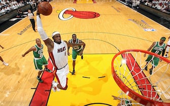 MIAMI, FL - JUNE 9:  LeBron James #6 of the Miami Heat goes in for a dunk against the Boston Celtics in Game Seven of the Eastern Conference Finals during the 2012 NBA Playoffs on June 9, 2012 at American Airlines Arena in Miami, Florida. NOTE TO USER: User expressly acknowledges and agrees that, by downloading and or using this photograph, User is consenting to the terms and conditions of the Getty Images License Agreement. Mandatory Copyright Notice: Copyright 2012 NBAE  (Photo by Issac Baldizon/NBAE via Getty Images)