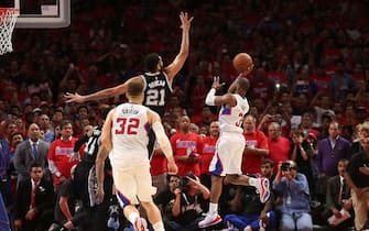 the San Antonio Spurs the Los Angeles Clippers during Game Seven of the Western Conference quarterfinals of the 2015 NBA Playoffs at Staples Center on May 2, 2015 in Los Angeles, California.  The Clippers won 111-109 to win the series four games to three.  NOTE TO USER: User expressly acknowledges and agrees that, by downloading and or using this photograph, User is consenting to the terms and conditions of the Getty Images License Agreement.   (Photo by Stephen Dunn/Getty Images)