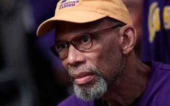 LOS ANGELES, CA - FEBRUARY 21: Los Angeles Lakers great Kareem Abdul-Jabbar attends the Los Angeles Lakers and Memphis Grizzlies basketball game at Staples Center on February 21, 2020 in Los Angeles, California. (Photo by Kevork S. Djansezian/Getty Images)