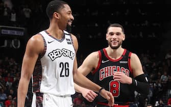 BROOKLYN, NY - JANUARY 31: Spencer Dinwiddie #26 of the Brooklyn Nets and Zach LaVine #8 of the Chicago Bulls shares a laugh during the game on January 31, 2020 at Barclays Center in Brooklyn, New York. NOTE TO USER: User expressly acknowledges and agrees that, by downloading and or using this Photograph, user is consenting to the terms and conditions of the Getty Images License Agreement. Mandatory Copyright Notice: Copyright 2020 NBAE (Photo by Nathaniel S. Butler/NBAE via Getty Images)