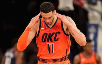 NEW YORK, NEW YORK - JANUARY 21:   Abdel Nader #11 of the Oklahoma City Thunder celebrates his three point shot in the fourth quarter against the New York Knicks at Madison Square Garden on January 21, 2019 in New York City.NOTE TO USER: User expressly acknowledges and agrees that, by downloading and or using this photograph, User is consenting to the terms and conditions of the Getty Images License Agreement.  (Photo by Elsa/Getty Images)