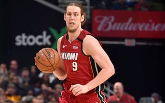 CLEVELAND, OH - FEBRUARY 24: Kelly Olynyk #9 of the Miami Heat drives to the basket on February 24, 2020 at Rocket Mortgage FieldHouse in Cleveland, Ohio. NOTE TO USER: User expressly acknowledges and agrees that, by downloading and/or using this Photograph, user is consenting to the terms and conditions of the Getty Images License Agreement. Mandatory Copyright Notice: Copyright 2020 NBAE (Photo by David Liam Kyle/NBAE via Getty Images)