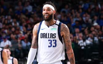 DALLAS, TX - MARCH 11: Willie Cauley-Stein #33 of the Dallas Mavericks smiles during the game against the Denver Nuggets on March 11, 2020 at the American Airlines Center in Dallas, Texas. NOTE TO USER: User expressly acknowledges and agrees that, by downloading and or using this photograph, User is consenting to the terms and conditions of the Getty Images License Agreement. Mandatory Copyright Notice: Copyright 2020 NBAE (Photo by Glenn James/NBAE via Getty Images)