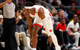ATLANTA, GEORGIA - JANUARY 20:  Terence Davis #0 of the Toronto Raptors reacts after hitting a three-point basket against the Atlanta Hawks in the second half at State Farm Arena on January 20, 2020 in Atlanta, Georgia.  NOTE TO USER: User expressly acknowledges and agrees that, by downloading and/or using this photograph, user is consenting to the terms and conditions of the Getty Images License Agreement.  (Photo by Kevin C. Cox/Getty Images)