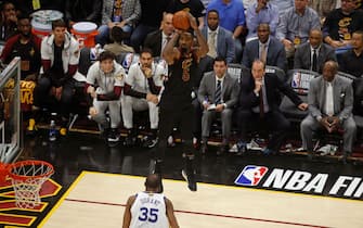 CLEVELAND, OH - JUNE 8: JR Smith #5 of the Cleveland Cavaliers shoots a three point basket against the Golden State Warriors in Game Four of the 2018 NBA Finals on June 8, 2018 at Quicken Loans Arena in Cleveland, Ohio. NOTE TO USER: User expressly acknowledges and agrees that, by downloading and/or using this photograph, user is consenting to the terms and conditions of the Getty Images License Agreement. Mandatory Copyright Notice: Copyright 2018 NBAE (Photo by Mark Blinch/NBAE via Getty Images)