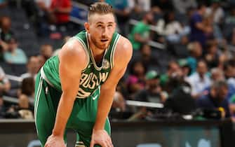 CHARLOTTE, NC - OCTOBER 11:  Gordon Hayward #20 of the Boston Celtics looks on during the game against the Charlotte Hornets on October 11, 2017 at Spectrum Center in Charlotte, North Carolina. NOTE TO USER: User expressly acknowledges and agrees that, by downloading and or using this photograph, User is consenting to the terms and conditions of the Getty Images License Agreement.  Mandatory Copyright Notice:  Copyright 2017 NBAE (Photo by Kent Smith/NBAE via Getty Images) 