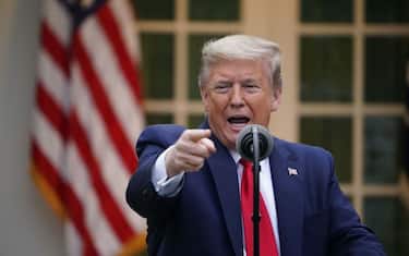 US President Donald Trump speaks during the daily briefing on the novel coronavirus, which causes COVID-19, in the Rose Garden of the White House on April 14, 2020, in Washington, DC. (Photo by MANDEL NGAN / AFP) (Photo by MANDEL NGAN/AFP via Getty Images)