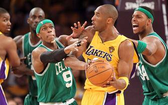 of the Boston Celtics of the Los Angeles Lakers in Game Seven of the 2010 NBA Finals at Staples Center on June 17, 2010 in Los Angeles, California.  NOTE TO USER: User expressly acknowledges and agrees that, by downloading and/or using this Photograph, user is consenting to the terms and conditions of the Getty Images License Agreement. 