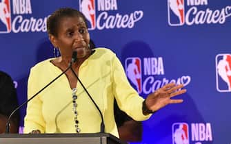OAKLAND, CA - JUNE 6: NBPA Executive Director Michele Roberts speaks to the crowd as she takes part in the 2019 NBA Finals Cares Legacy Project as part of the 2019 NBA Finals on June 6, 2019 at the Ira Jinkins Recreation Center in Oakland, California. NOTE TO USER: User expressly acknowledges and agrees that, by downloading and or using this photograph, User is consenting to the terms and conditions of the Getty Images License Agreement. Mandatory Copyright Notice: Copyright 2019 NBAE (Photo by David Dow/NBAE via Getty Images)