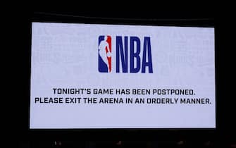 SACRAMENTO, CA - MARCH 12: A shot of the jumbotron with the announcement from the NBA that the game between the New Orleans Pelicans and Sacramento Kings wil be postponed on March 12, 2020 at Golden 1 Center in Sacramento, California. NOTE TO USER: User expressly acknowledges and agrees that, by downloading and or using this photograph, User is consenting to the terms and conditions of the Getty Images Agreement. Mandatory Copyright Notice: Copyright 2020 NBAE (Photo by Rocky Widner/NBAE via Getty Images)