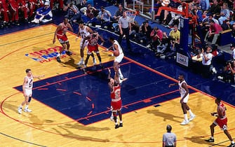CLEVELAND, OH - 1992: Michael Jordan #23 of the Chicago Bulls shoots against the Cleveland Cavaliers during the 1992 NBA Playoffs at Richfield Coliseum circa 1992 in Cleveland, OH. NOTE TO USER: User expressly acknowledges and agrees that, by downloading and/or using this Photograph, user is consenting to the terms and conditions of the Getty Images License Agreement. Mandatory Copyright Notice: Copyright 1992 NBAE (Photo by David Liam Kyle/NBAE via Getty Images)