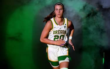 LAS VEGAS, NEVADA - MARCH 08:  Sabrina Ionescu #20 of the Oregon Ducks is introduced before the championship game of the Pac-12 Conference women's basketball tournament against the Stanford Cardinal at the Mandalay Bay Events Center on March 8, 2020 in Las Vegas, Nevada. The Ducks defeated the Cardinal 89-56.  (Photo by Ethan Miller/Getty Images)