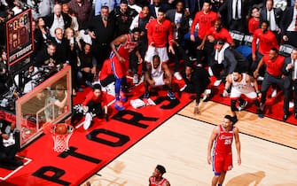 TORONTO, CANADA - MAY 12: Kawhi Leonard #2 of the Toronto Raptors hits the game-winning shot against the Philadelphia 76ers during Game Seven of the Eastern Conference Semifinals of the 2019 NBA Playoffs on May 12, 2019 at the Scotiabank Arena in Toronto, Ontario, Canada.  NOTE TO USER: User expressly acknowledges and agrees that, by downloading and or using this Photograph, user is consenting to the terms and conditions of the Getty Images License Agreement.  Mandatory Copyright Notice: Copyright 2019 NBAE (Photo by Mark Blinch/NBAE via Getty Images)