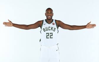 MILWAUKEE, WI - SEPTEMBER 30: Khris Middleton #22 of the Milwaukee Bucks poses for a portrait during Media Day at Fiserv Forum on September 30, 2019 in Milwaukee, Wisconsin. NOTE TO USER: User expressly acknowledges and agrees that, by downloading and/or using this photograph, user is consenting to the terms and conditions of the Getty Images License Agreement.  Mandatory Copyright Notice: Copyright 2019 NBAE (Photo by Gary Dineen/NBAE via Getty Images)