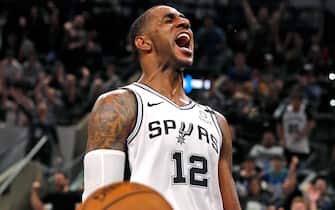SAN ANTONIO, TX - FEBRUARY 26:  LaMarcus Aldridge #12 of the San Antonio Spurs reacts after a dunk during second half action at AT&T Center on February  26, 2020 in San Antonio, Texas.  San Antonio Spurs defeated the Dallas Mavericks 119-109. NOTE TO USER: User expressly acknowledges and agrees that , by downloading and or using this photograph, User is consenting to the terms and conditions of the Getty Images License Agreement. (Photo by Ronald Cortes/Getty Images)