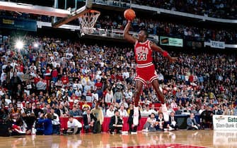 CHICAGO, IL - FEBRUARY 6: Michael Jordan #23 of the Chicago Bulls goes for a dunk during the 1988 NBA All Star Slam Dunk Competition on February 6, 1988 at Chicago Stadium in Chicago, Illinois. Jordan went on to win the Slam Dunk Competition.  HIGH RESOLUTION FILE 42 MB. NOTE TO USER: User expressly acknowledges and agrees that, by downloading and/or using this Photograph, User is consenting to the terms and conditions of the Getty Images License Agreement. Mandatory copyright notice and Credit: Copyright 2001 NBAE  Mandatory Credit: Andrew D. Bernstein/NBAE/Getty Images