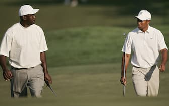 Michael Jordan and Tiger Woods during the Pro-Am prior to the 2007 Wachovia Championship held at Quail Hollow Country Club in Charlotte, North Carolina on May 2, 2007.