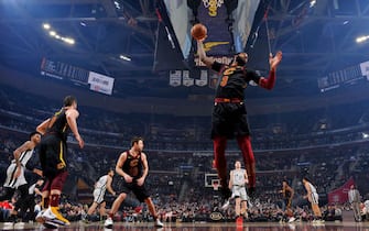 CLEVELAND, OH - MARCH 8: Andre Drummond #3 of the Cleveland Cavaliers grabs the rebound against the San Antonio Spurs on March 8, 2020 at Rocket Mortgage FieldHouse in Cleveland, Ohio. NOTE TO USER: User expressly acknowledges and agrees that, by downloading and/or using this Photograph, user is consenting to the terms and conditions of the Getty Images License Agreement. Mandatory Copyright Notice: Copyright 2020 NBAE (Photo by David Liam Kyle/NBAE via Getty Images)