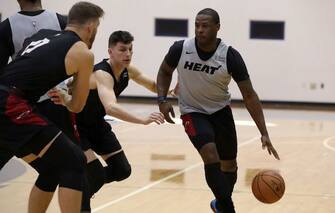 FORT LAUDERDALE, FL - OCTOBER 3: Dion Waiters #11 of the Miami Heat handles the ball during Training Camp on October 3, 2019 at American Airlines Arena in Miami, Florida. NOTE TO USER: User expressly acknowledges and agrees that, by downloading and or using this Photograph, user is consenting to the terms and conditions of the Getty Images License Agreement. Mandatory Copyright Notice: Copyright 2018 NBAE (Photo by Issac Baldizon/NBAE via Getty Images)