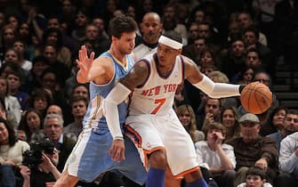140625648 NEW YORK, NY - JANUARY 21: (NEW YORK DAILIES OUT) Carmelo Anthony #7 of the New York Knicks in action Danilo Gallinari #8 of the Denver Nuggets on January 21, 2012 at Madison Square Garden in New York City. The Nuggets defeated the Knicks 119-114. NOTE TO USER: User expressly acknowledges and agrees that, by downloading and/or using this Photograph, user is consenting to the terms and conditions of the Getty Images License Agreement. (Photo by Jim McIsaac/Getty Images)