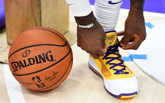 1172194738 EL SEGUNDO, CA - SEPTEMBER 27: The sneakers worn by LeBron James #23 of the Los Angeles Lakers during media day on September 27, 2019 at the UCLA Health Training Center in El Segundo, California. NOTE TO USER: User expressly acknowledges and agrees that, by downloading and/or using this photograph, user is consenting to the terms and conditions of the Getty Images License Agreement. Mandatory Copyright Notice: Copyright 2019 NBAE (Photo by Juan Ocampo/NBAE via Getty Images)