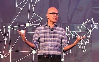 Microsoft Corporation Chief Executive Officer, Satya Nadella, gestures as he addresses the Future Decoded Tech Summit in Bangalore on February 25, 2020. (Photo by Manjunath Kiran / AFP) (Photo by MANJUNATH KIRAN/AFP via Getty Images)