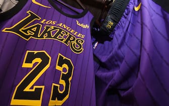 LOS ANGELES, CA - NOVEMBER 14: LeBron James #23 of the Los Angeles Lakers jersey is seen in the locker room prior to the game against the Portland Trail Blazers  on November 14, 2018 at STAPLES Center in Los Angeles, California. NOTE TO USER: User expressly acknowledges and agrees that, by downloading and/or using this Photograph, user is consenting to the terms and conditions of the Getty Images License Agreement. Mandatory Copyright Notice: Copyright 2018 NBAE (Photo by Andrew D. Bernstein/NBAE via Getty Images) 