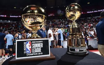 LAS VEGAS, NV - JULY 15: A view of the Summer League Champion trophy and Summer League MVP trophy after a game between the Memphis Grizzlies and the Minnesota Timberwolves during the Finals of the Las Vegas Summer League on July 15, 2019 at the Thomas & Mack Center in Las Vegas, Nevada. NOTE TO USER: User expressly acknowledges and agrees that, by downloading and/or using this photograph, user is consenting to the terms and conditions of the Getty Images License Agreement. Mandatory Copyright Notice: Copyright 2019 NBAE (Photo by David Dow/NBAE via Getty Images)