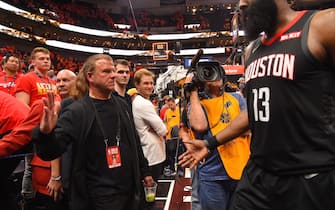 SALT LAKE CITY, UT - APRIL 20: Owner Tilman Fertitta is seen with James Harden #13 of the Houston Rockets during the game against the Utah Jazz during Game Three of Round One of the 2019 NBA Playoffs on April 20, 2019 at the Vivint Smart Home Arena in Salt Lake City, Utah. NOTE TO USER: User expressly acknowledges and agrees that, by downloading and or using this photograph, user is consenting to the terms and conditions of the Getty Images License Agreement. Mandatory Copyright Notice: Copyright 2019 NBAE (Photo by Bill Baptist/NBAE via Getty Images)