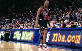 NEW YORK CITY - MARCH 8: Michael Jordan #23 of the Chicago Bulls walks during a game played on March 8, 1998 at Madison Square Garden in New York City . NOTE TO USER: User expressly acknowledges and agrees that, by downloading and/or using this photograph, user is consenting to the terms and conditions of the Getty Images License Agreement.  Mandatory Copyright Notice: Copyright 1998 NBAE (Photo by Nathaniel S. Butler/NBAE via Getty Images)