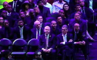 LOS ANGELES, CALIFORNIA - FEBRUARY 24: Chris Bosh, Tim Duncan, DeMar DeRozan, Rudy Gay, Gregg Popovich and Tony Parker attend The Celebration of Life for Kobe & Gianna Bryant at Staples Center on February 24, 2020 in Los Angeles, California. (Photo by Kevork Djansezian/Getty Images)