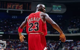 EAST RUTHERFORD, NJ - JANUARY 23: Michael Jordan #23 of the Chicago Bulls walks during a game played on January 23, 1997 at the Continental Airlines Arena in East Rutherford, New Jersey. NOTE TO USER: User expressly acknowledges and agrees that, by downloading and or using this photograph, User is consenting to the terms and conditions of the Getty Images License Agreement. Mandatory Copyright Notice: Copyright 1997 NBAE (Photo by Nathaniel S. Butler/NBAE via Getty Images)