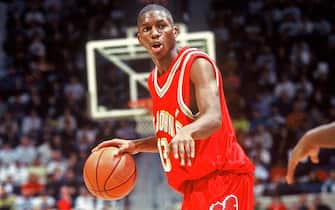 140977472 Dominican basketball player Felipe Lopez of St John's University with the ball during a game against the University of Connecticut, Hartford, Connecticut, 1994. (Photo by Bob Stowell/Getty Images)