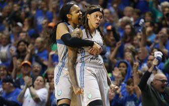 854487078 MINNEAPOLIS, MN - SEPTEMBER 26: Maya Moore #23 and Seimone Augustus #33 of the Minnesota Lynx react to a play against the Los Angeles Sparks in Game Two of the 2017 WNBA Finals on September 26, 2017 at Williams Arena, University of Minnesota, in Minneapolis, Minnesota. NOTE TO USER: User expressly acknowledges and agrees that, by downloading and or using this Photograph, user is consenting to the terms and conditions of the Getty Images License Agreement. Mandatory Copyright Notice: Copyright 2017 NBAE (Photo by Jordan Johnson/NBAE via Getty Images)