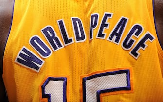 LOS ANGELES, CA - MARCH 2:  The jersey of Metta World Peace #15 of the Los Angeles Lakers is shown during a game against the Sacramento Kings at Staples Center on March 2, 2012 in Los Angeles, California. NOTE TO USER: User expressly acknowledges and agrees that, by downloading and/or using this Photograph, user is consenting to the terms and conditions of the Getty Images License Agreement. Mandatory Copyright Notice: Copyright 2012 NBAE (Photo by Andrew D. Bernstein/NBAE via Getty Images)