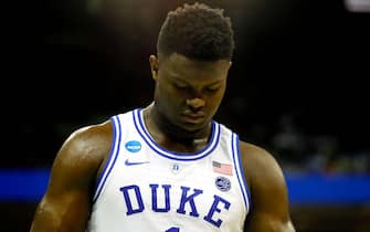 COLUMBIA, SOUTH CAROLINA - MARCH 22:  Zion Williamson #1 of the Duke Blue Devils reacts against the North Dakota State Bison in the first half during the first round of the 2019 NCAA Men's Basketball Tournament at Colonial Life Arena on March 22, 2019 in Columbia, South Carolina. (Photo by Kevin C.  Cox/Getty Images)