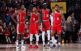 PORTLAND, OR - FEBRUARY 23: The Portland Trail Blazers huddle up during a game against the Detroit Pistons on February 23, 2020 at the Moda Center Arena in Portland, Oregon. NOTE TO USER: User expressly acknowledges and agrees that, by downloading and or using this photograph, user is consenting to the terms and conditions of the Getty Images License Agreement. Mandatory Copyright Notice: Copyright 2020 NBAE (Photo by Cameron Browne/NBAE via Getty Images)