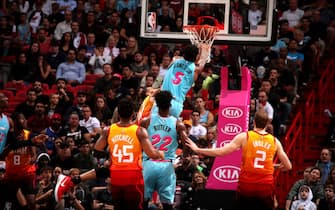 MIAMI, FL - DECEMBER 23: Derrick Jones Jr. #5 of the Miami Heat goes up for a dunk during a game against the Utah Jazz on December 23, 2019 at American Airlines Arena in Miami, Florida. NOTE TO USER: User expressly acknowledges and agrees that, by downloading and or using this Photograph, user is consenting to the terms and conditions of the Getty Images License Agreement. Mandatory Copyright Notice: Copyright 2019 NBAE (Photo by Issac Baldizon/NBAE via Getty Images)